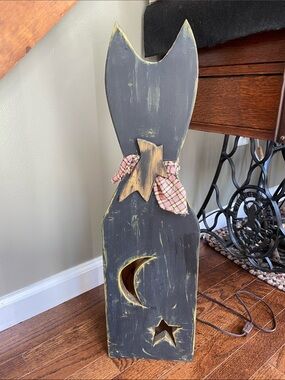 Folk Handcrafted Rustic Black Wooden Cat Nightlight with Moon & Star Cutouts